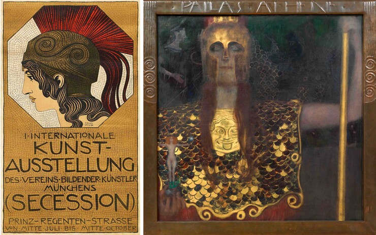 nks: Franz von Stuck, Plakat für die 1. International Kunstausstellung (Secession), 1893 (Foto Rainer K. Wick) rechts: Gustav Klimt, Pallas Athene, 1898 (Foto Birgit und Peter Kainz)