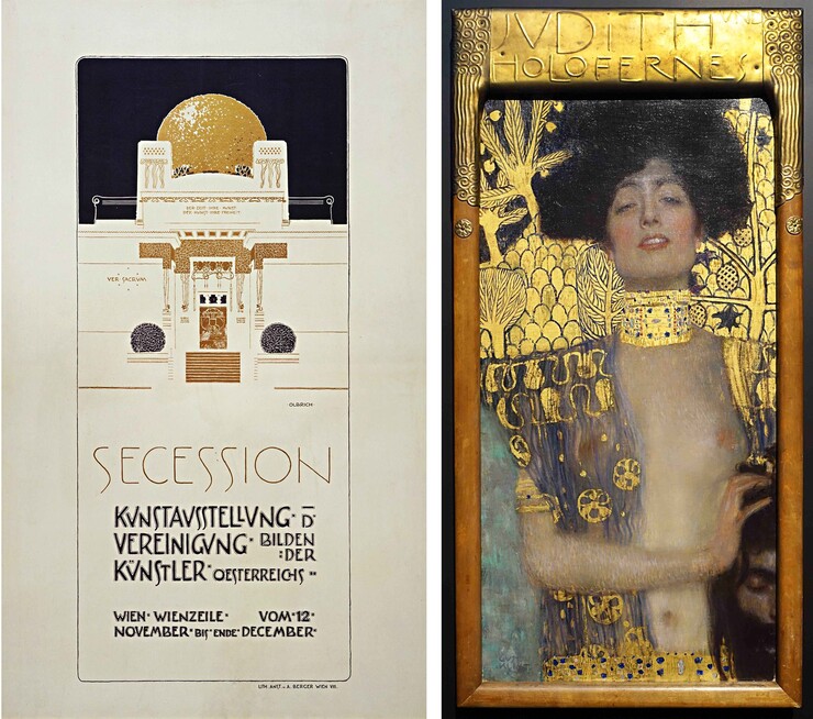 links: Joseph Maria Olbrich, Plakat für die 2. Ausstellung der Wiener Secession, 1898 (Foto Rainer K. Wick) rechts: Gustav Klimt, Judith, 1901 (Foto Rainer K. Wick)