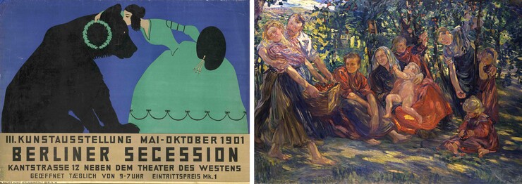 links: Thomas Theodor Heine, Plakat für die 3. Ausstellung der Berliner Secession, 1901 (Foto Dietmar Katz) rechts: Dora Hitz, Kirschenernte, vor 1905 (Foto Reinhard Saczevski)