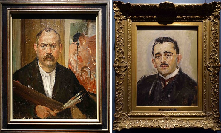 links: Lovis Corinth, Selbstbildnis ohne Kragen, 1900 (Foto Rainer K. Wick) rechts: Max Slevogt, Bildnis Bruno Cassirer, 1911 (Foto Rainer K. Wick)