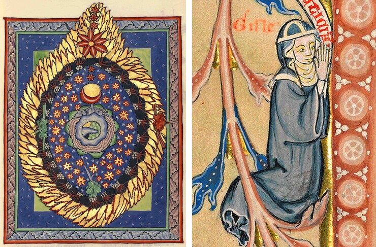 links: Hildegard von Bingen, Rupertsberger Codex – Liber Scivias: Das Weltall, um 1175 rechts: Gisela von Kerssenbrock, Codex Gisle, Selbstporträt der Künstlerin, um 1300