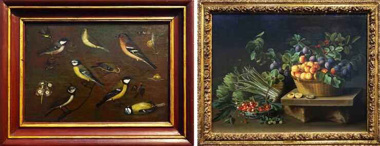 links: Orsolo Maddalena Caccia, Stillleben mit Vögeln, o.J. (Foto © Rainer K. Wick) rechts: Louise Moillon, Stillleben mit Früchten, um 1637 (Foto © Rainer K. Wick)