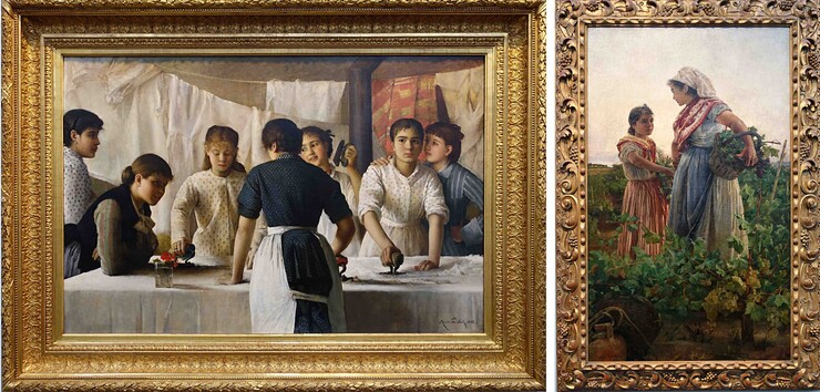 links: Marie-Louise Petiet, Die Wäscherinnen, 1882 (Foto © Rainer K. Wick) rechts: Eloísa Garnelo, Traubenleserinnen aus Montilla, 1891 (Foto © Rainer K. Wick)