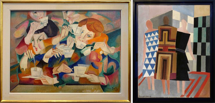 links: Alice Bailly, Der Tee, 1913-14 (Foto © Rainer K. Wick) rechts: Sonia Delaunay-Terk, Simultane Kleider (Drei Frauen, Formen, Farben), 1925 (Foto © Rainer K. Wick)
