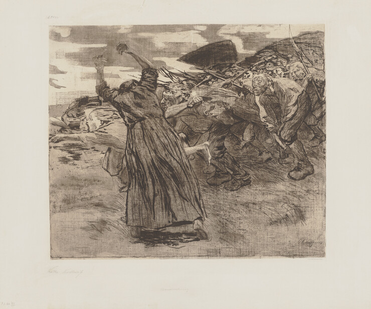 Käthe Kollwitz (1867–1945) Losbruch Blatt 5 aus dem Zyklus Bauernkrieg 1902/03 Strichätzung, Kaltnadel, Aquatinta, Reservage sowie Vernis Mou mit Durchdruck von zwei Stoffen und Zieglerschem Umdruckpapier auf Velinpapier Blatt: 656 × 784 mm Städel Muse