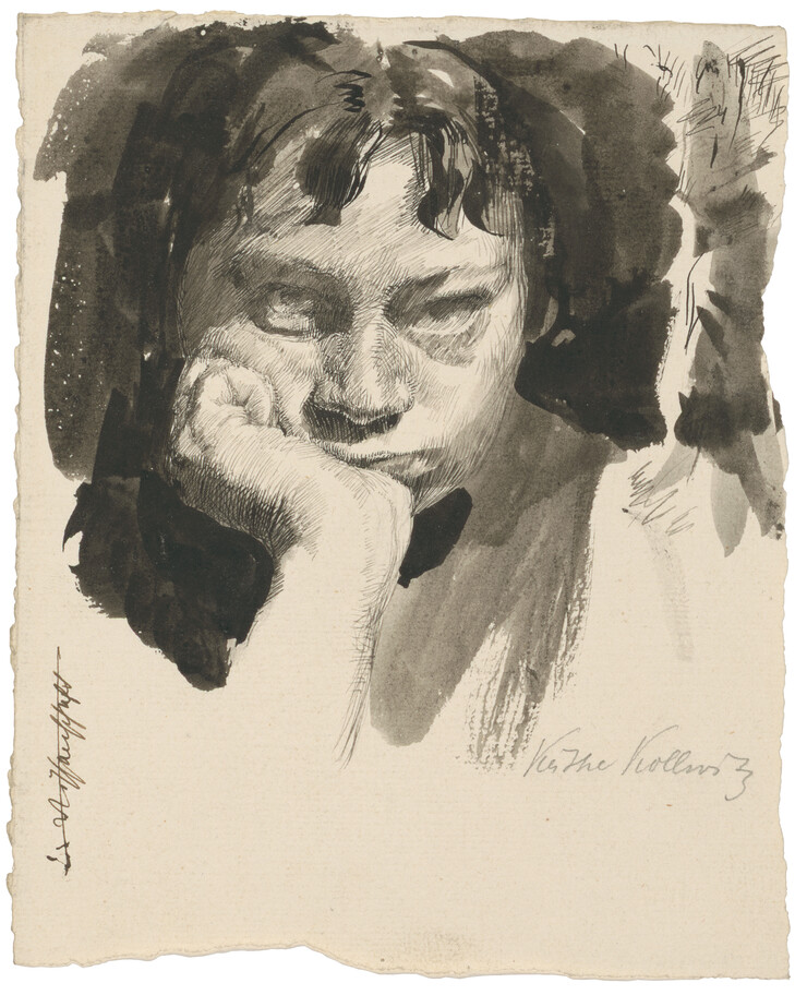 Käthe Kollwitz (1867–1945) Selbstbildnis mit aufgestütztem Kopf 1889/91 Feder und Pinsel in Sepia auf Bütten 200 x 160 mm Käthe Kollwitz Museum Köln © Städel Museum