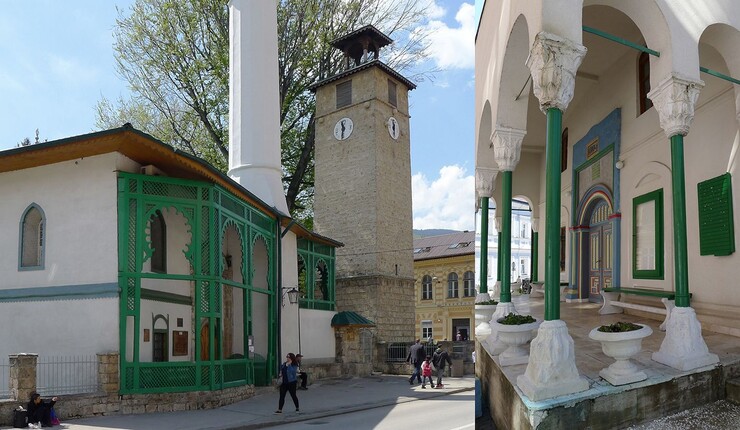 Links: die spätosmanische Alibegova-Moschee mit einer habsburgerzeitlichen Vorhalle neben Uhrturm und ehemaligem Bezirksamt mit orientalisierendem Fassadenschema. Rechts: Vorhalle der Lukačka-Moschee mit Gusseisensäulen zwischen Gipsabgüssen nach Muster