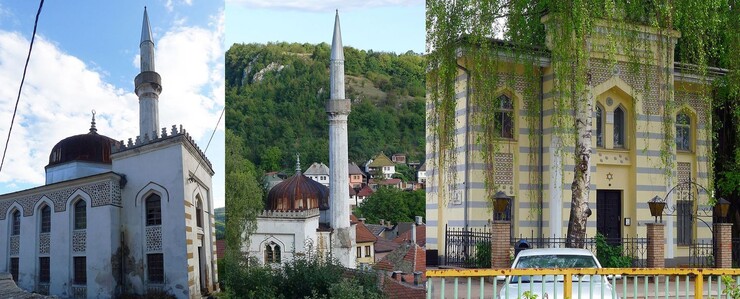 Links/Mitte: die Varoška-Moschee (1906) vor ihrer rezenten Renovierung. Rechts: die ihr gestalterisch verwandte Synagoge von Zenica (1906). © Maximilian Hartmuth 2013, 2022