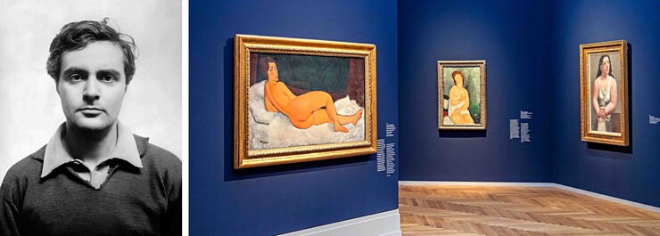 links: Amedeo Modigliani,1918 in Nizza, Wikimedia Commons rechts: Modigliani-Ausstellung im Museum Barberini, Potsdam, Foto © David von Becker