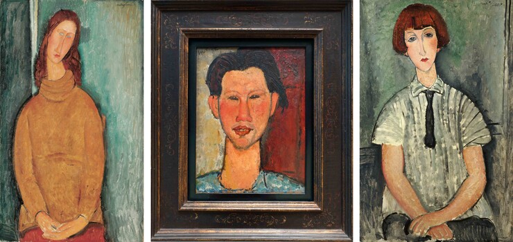 links: Jeanne Hébuterne im gelben Pullover, 1919, Ohara Museum of Art, Kurashiki Mitte: Chaïm Soutine, 1915, Staatsgalerie Stuttgart, Foto © Rainer K. Wick rechts: Mädchen mit einer gestreiften Bluse, 1917, Nahmad Collection, © Christie's Images/Bridgeman