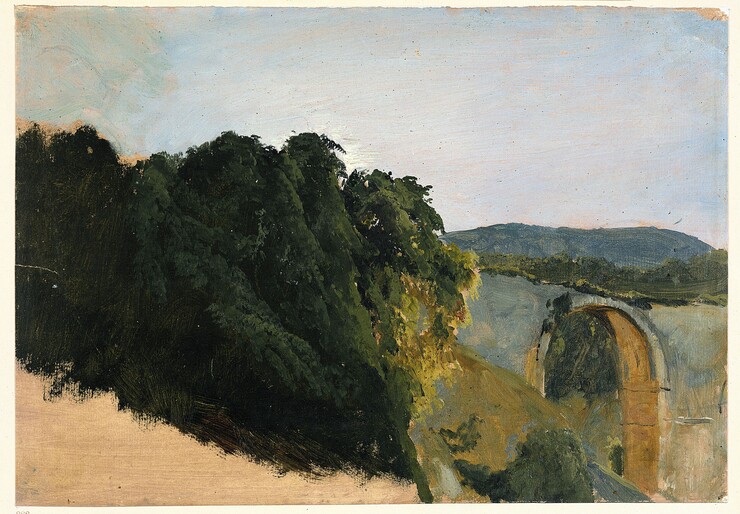 Landschaft mit Brücke bei Narni, Öl auf gelblichem, hellbraun grundierten Papier, 21,1 x 30,2 cm, Staatliche  Museen zu Berlin – Kupferstichkabinett