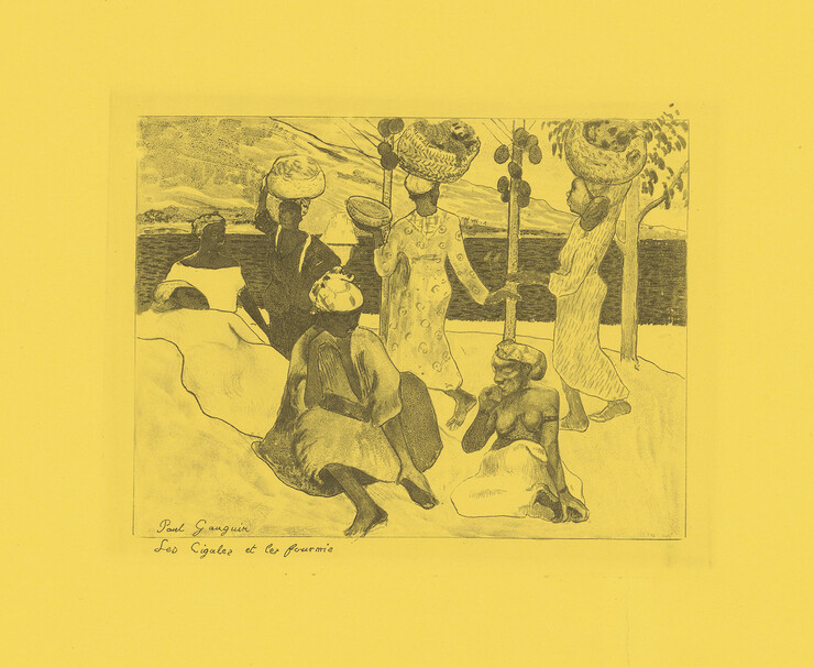 Paul Gauguin: Die Grillen und die Ameisen – Erinnerung an Martinique, 1889  Suite Volpini Zinkografie auf gelbem Velinpapier 21,6 × 26,1 cm © Albertina, Wien